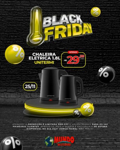 Imagem da notícia Inicia hoje no Mundo das Utilidades de Costa Rica a Black Friday com chaleira elétrica por apenas R$29,99